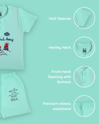 Sail Away Half Sleeves T-Shirt & Half Pant Set | Green