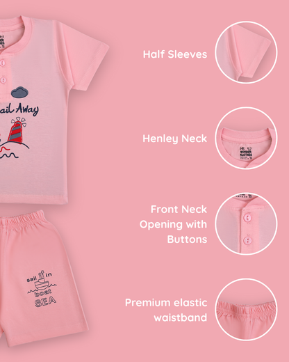 Sail Away Half Sleeves T-Shirt & Half Pant Set | Pink