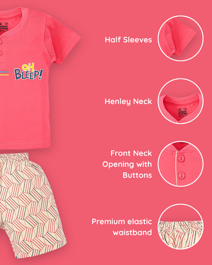 Oh Bleep Half Sleeves T-Shirt & Half Pant Set | Pink