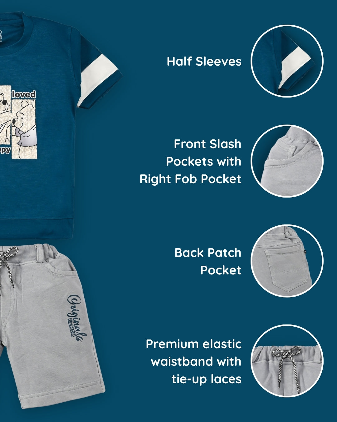 Happy Teddy Premium Half Sleeves T-Shirt & RFD Shorts Set | Blue