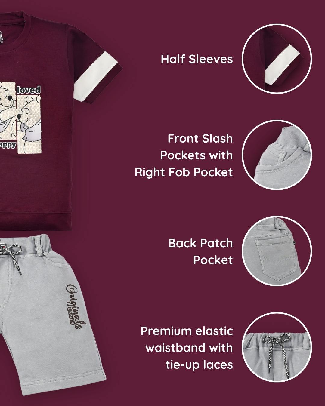 Happy Teddy Premium Half Sleeves T-Shirt & RFD Shorts Set | Burgundy