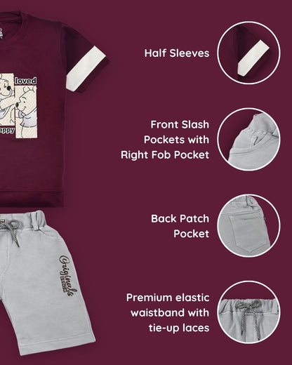 Happy Teddy Premium Half Sleeves T-Shirt & RFD Shorts Set | Burgundy