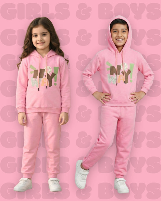 No Way Full Sleeves Fleece Hooded Sweatshirt and Joggers Set | Pink
