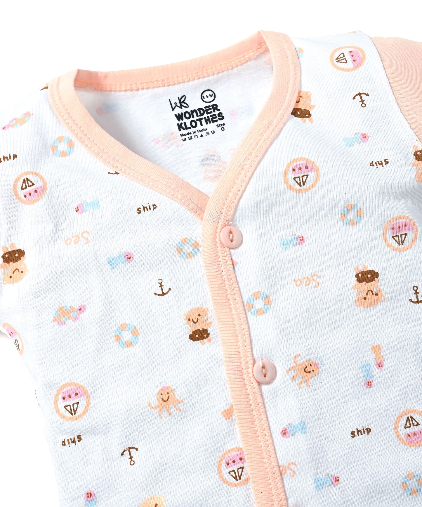 Sea Ship Full Sleeves Front Open T-Shirt & Pyjama Set with Bib | Orange