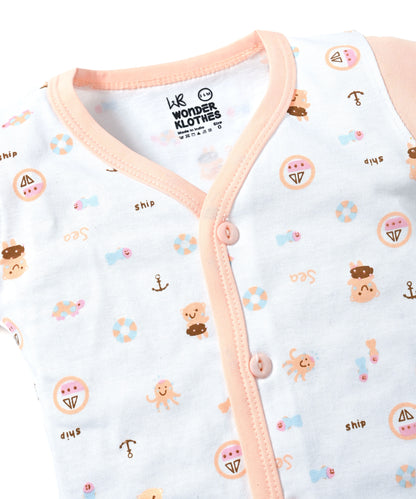 Sea Ship Full Sleeves Front Open T-Shirt & Pyjama Set with Bib | Orange