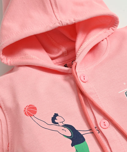 Basketball Full Sleeves Front Open Hooded Sweatshirt & Joggers Set | Pink
