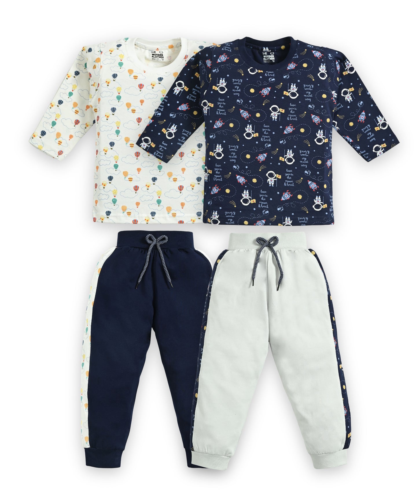 Hot Air Balloon and Moon Space Full Sleeves T-Shirt & Pyjama Set | Pack of 2