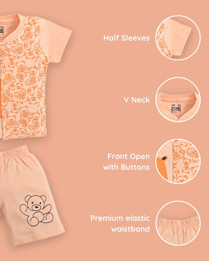 Cute Bear Half Sleeves Front Open T-Shirt & Half Pant Set | Orange