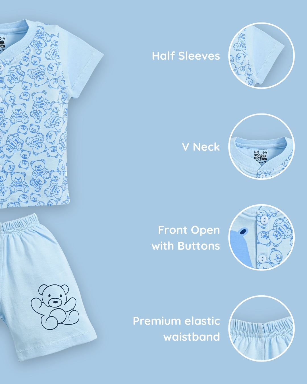 Cute Bear Half Sleeves Front Open T-Shirt & Half Pant Set | Blue