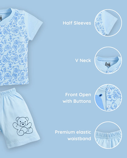 Cute Bear Half Sleeves Front Open T-Shirt & Half Pant Set | Blue