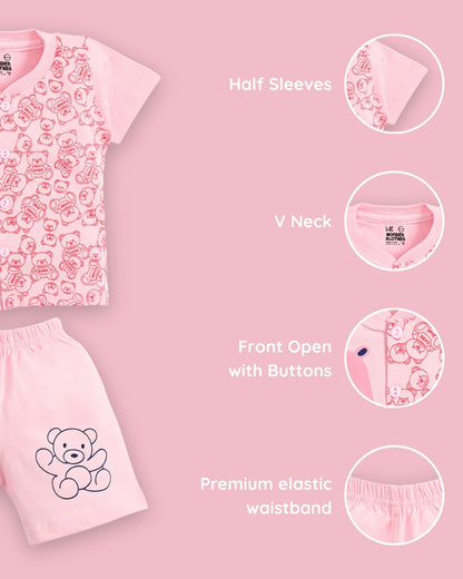 Cute Bear Half Sleeves Front Open T-Shirt & Half Pant Set | Pink