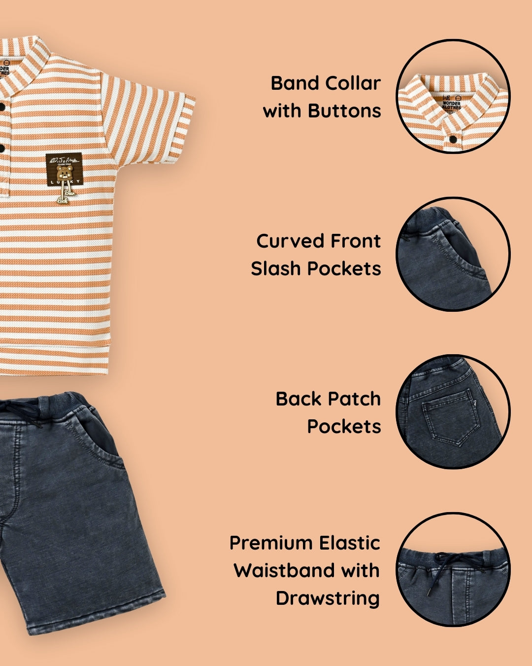 Bestie Bears Half Sleeves T-Shirt & RFD Shorts Set | Peach