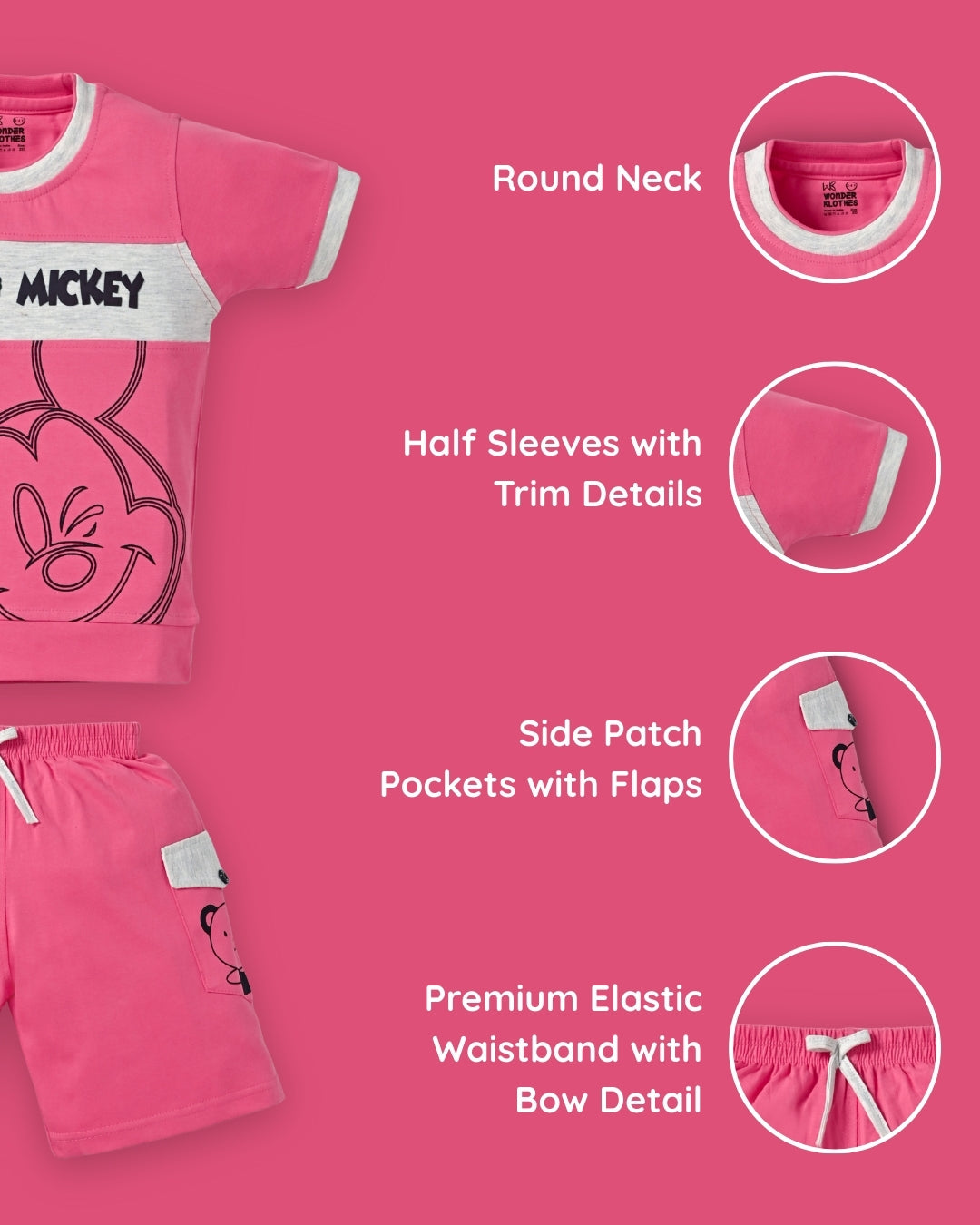 Hello Mickey Half Sleeves T-Shirt & Shorts Set | Pink