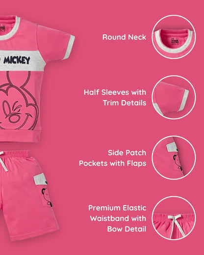 Hello Mickey Half Sleeves T-Shirt & Shorts Set | Pink