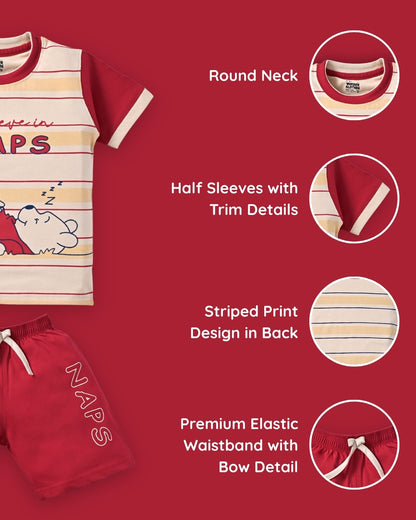 Bear Naps Half Sleeves T-Shirt & Half Pant Set | Red
