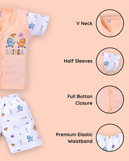 Dino Rides Half Sleeves & Sleeveless Front Open T-Shirt & Half Pant Set | Orange | Pack of 2