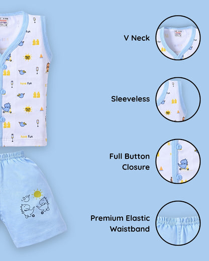 Dino Rides Half Sleeves & Sleeveless Front Open T-Shirt & Half Pant Set | Blue | Pack of 2