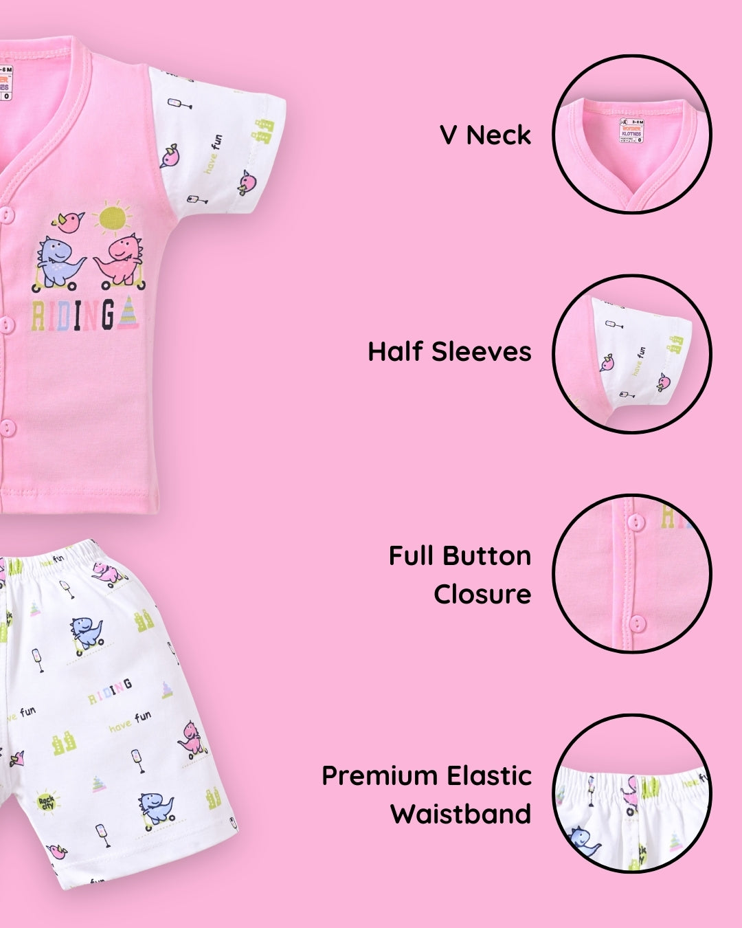 Dino Rides Half Sleeves & Sleeveless Front Open T-Shirt & Half Pant Set | Pink | Pack of 2