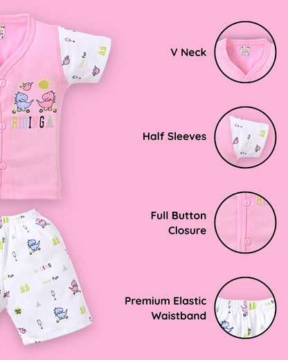 Dino Rides Half Sleeves & Sleeveless Front Open T-Shirt & Half Pant Set | Pink | Pack of 2