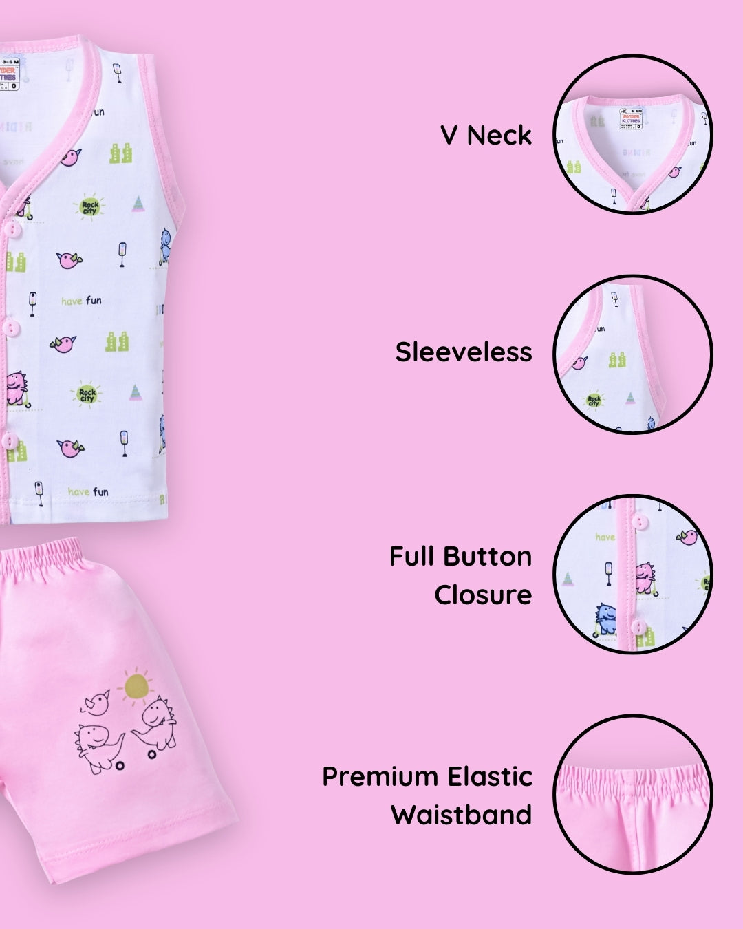 Dino Rides Half Sleeves & Sleeveless Front Open T-Shirt & Half Pant Set | Pink | Pack of 2