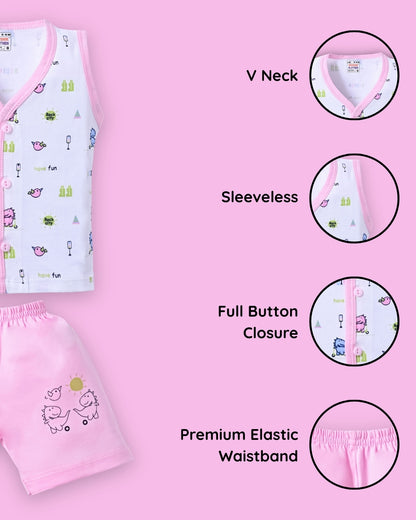 Dino Rides Half Sleeves & Sleeveless Front Open T-Shirt & Half Pant Set | Pink | Pack of 2