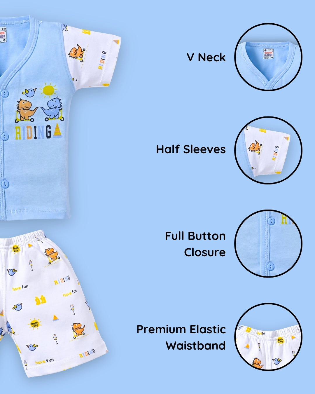 Dino Rides Half Sleeves & Sleeveless Front Open T-Shirt & Half Pant Set | Blue | Pack of 2