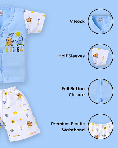 Dino Rides Half Sleeves & Sleeveless Front Open T-Shirt & Half Pant Set | Blue | Pack of 2