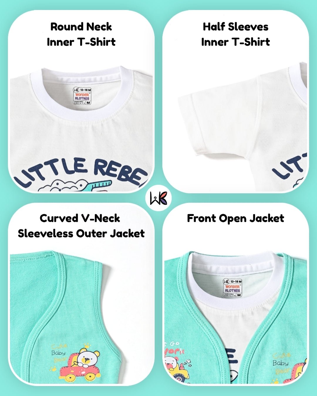 Driving Bear 3-Piece Half Sleeves T-Shirt & Half Pant Set with Sleeveless Jacket | Green
