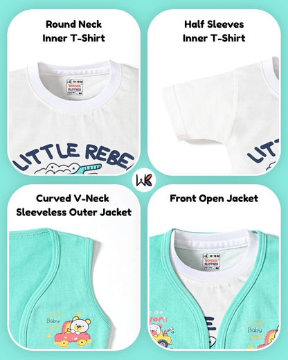Driving Bear 3-Piece Half Sleeves T-Shirt & Half Pant Set with Sleeveless Jacket | Green