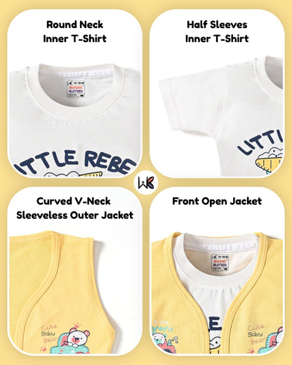 Driving Bear 3-Piece Half Sleeves T-Shirt & Half Pant Set with Sleeveless Jacket | Yellow