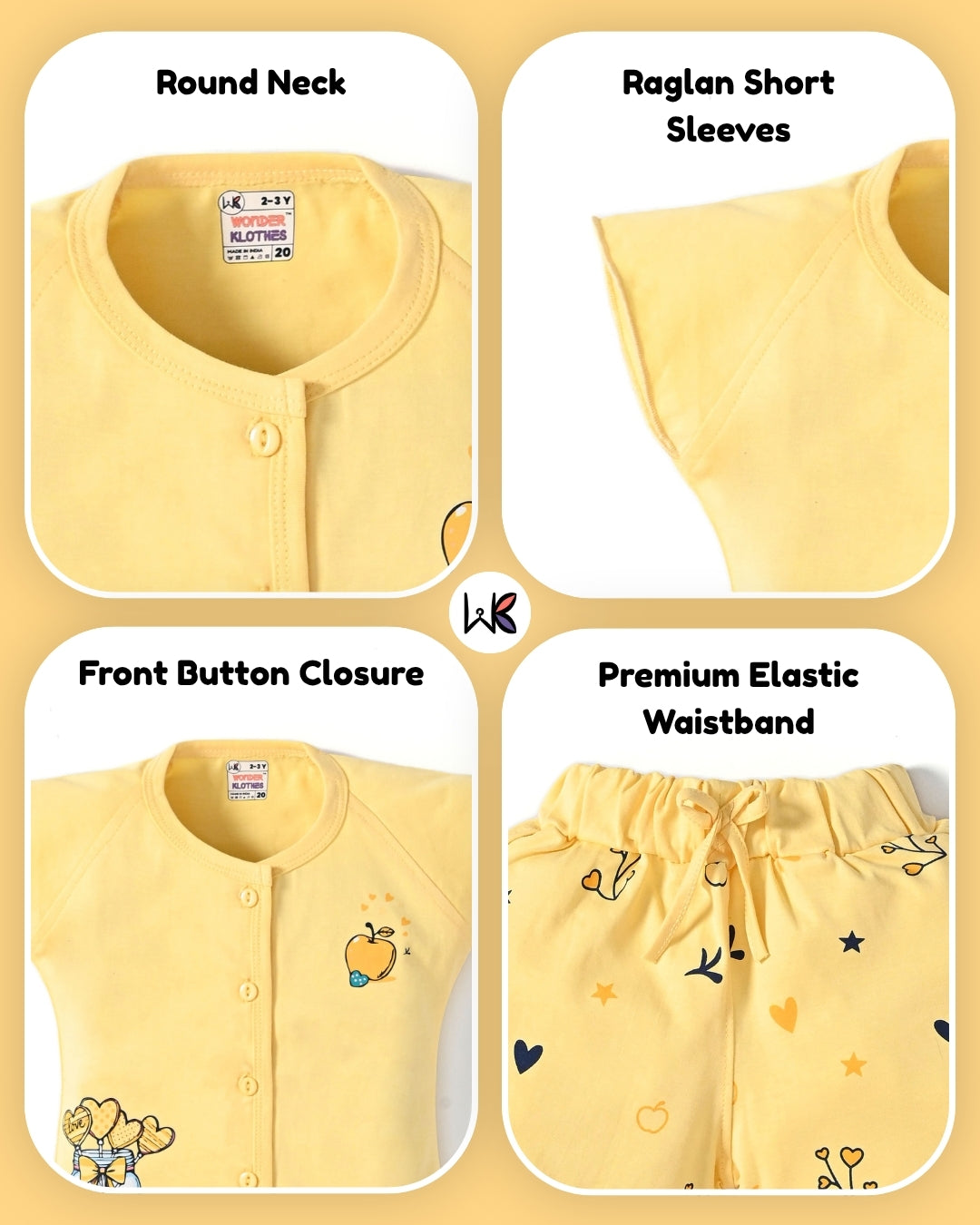 Apple Jar Raglan Short Sleeves Front Open Top & Hot Pant Set | Yellow