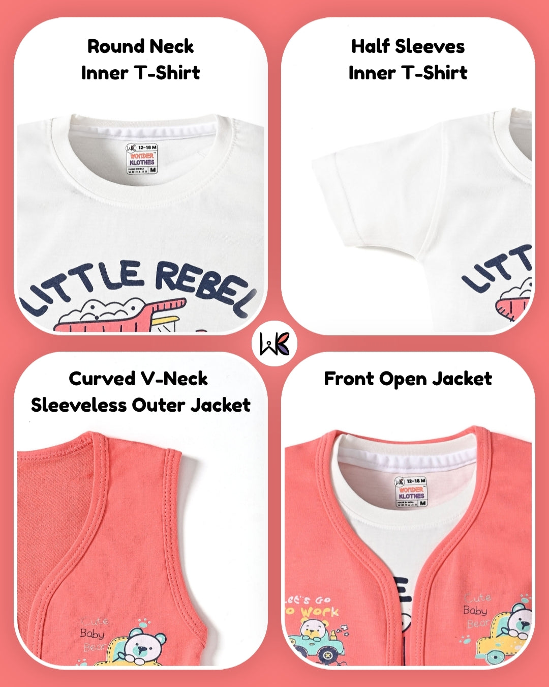 Driving Bear 3-Piece Half Sleeves T-Shirt & Half Pant Set with Sleeveless Jacket | Pink