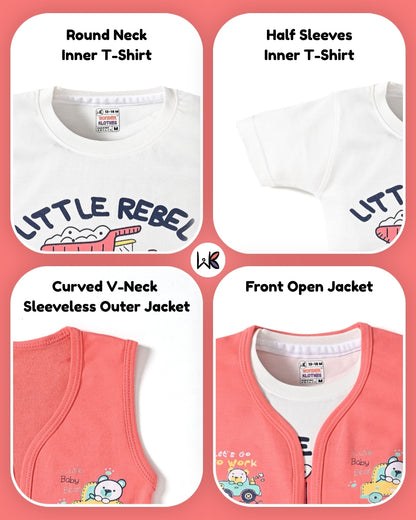 Driving Bear 3-Piece Half Sleeves T-Shirt & Half Pant Set with Sleeveless Jacket | Pink