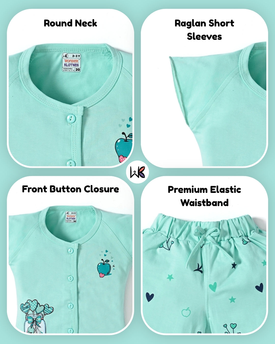 Apple Jar Raglan Short Sleeves Front Open Top & Hot Pant Set | Green