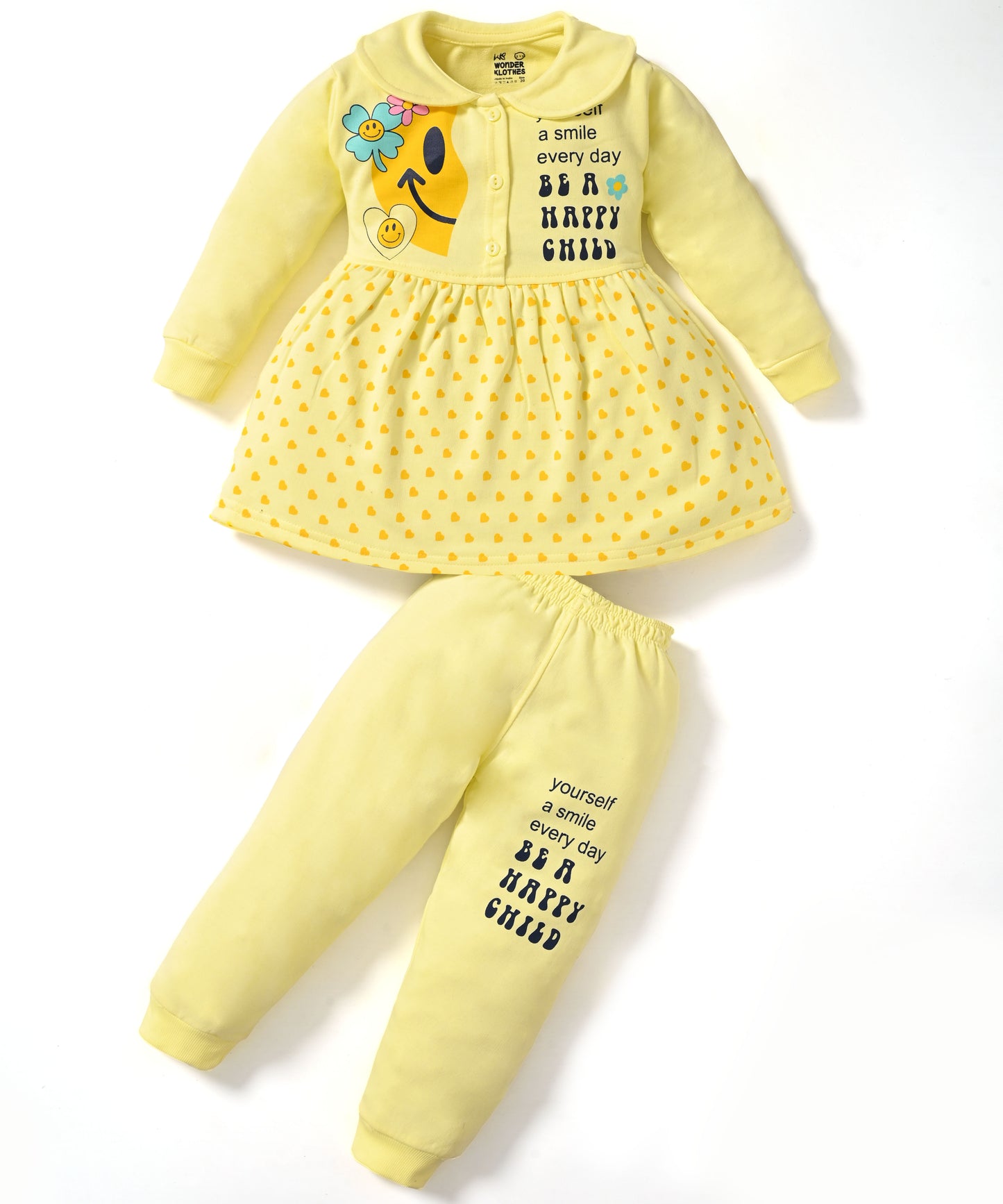 Smiley Child Full Sleeves Front Open Frock and Joggers Set | Yellow