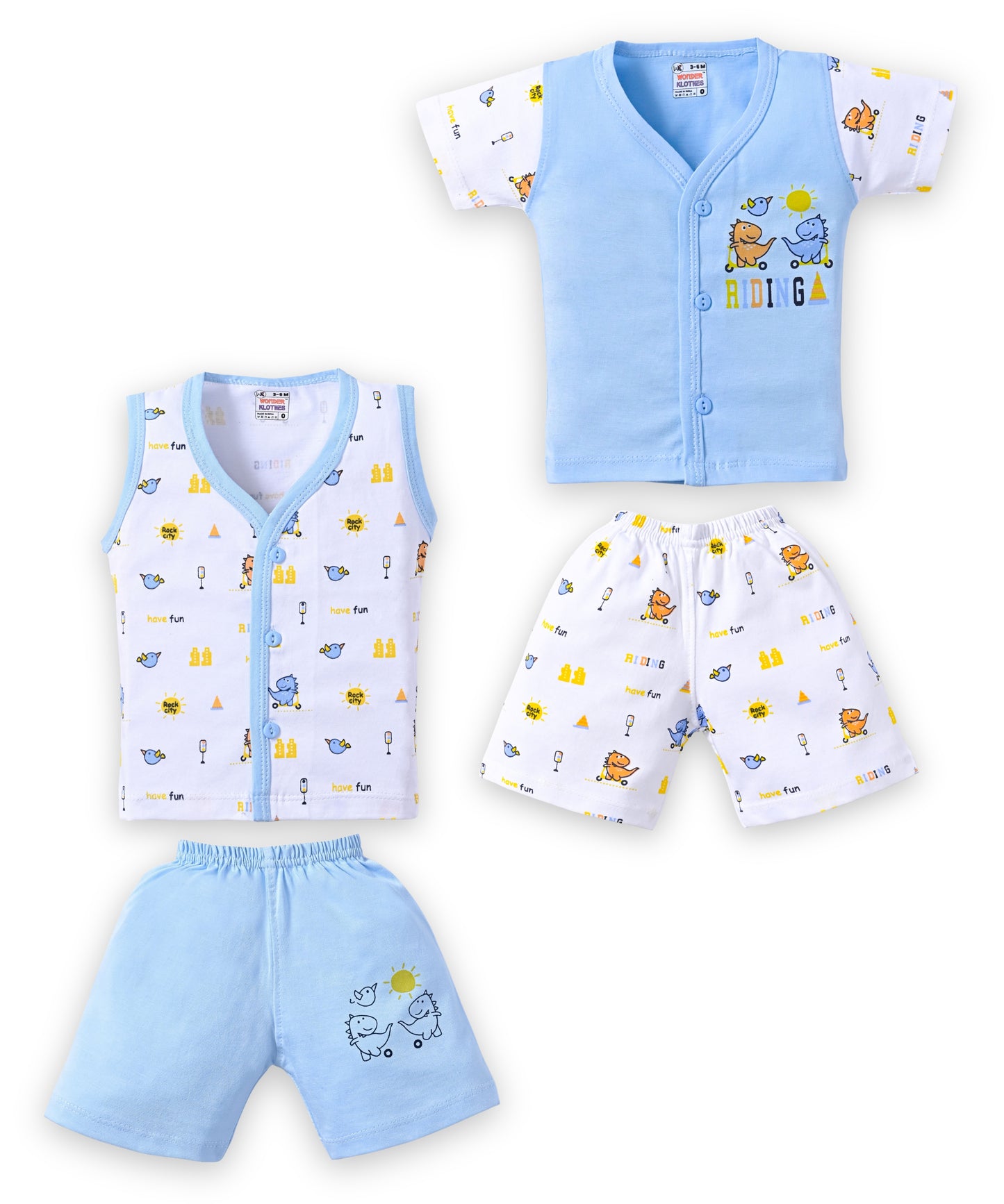 Dino Rides Half Sleeves & Sleeveless Front Open T-Shirt & Half Pant Set | Blue | Pack of 2