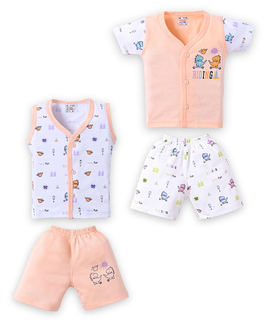 Dino Rides Half Sleeves & Sleeveless Front Open T-Shirt & Half Pant Set | Orange | Pack of 2