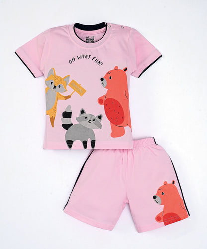 Oh What Fun Half Sleeves Shoulder Open T-Shirt & Half Pant Set | Pink