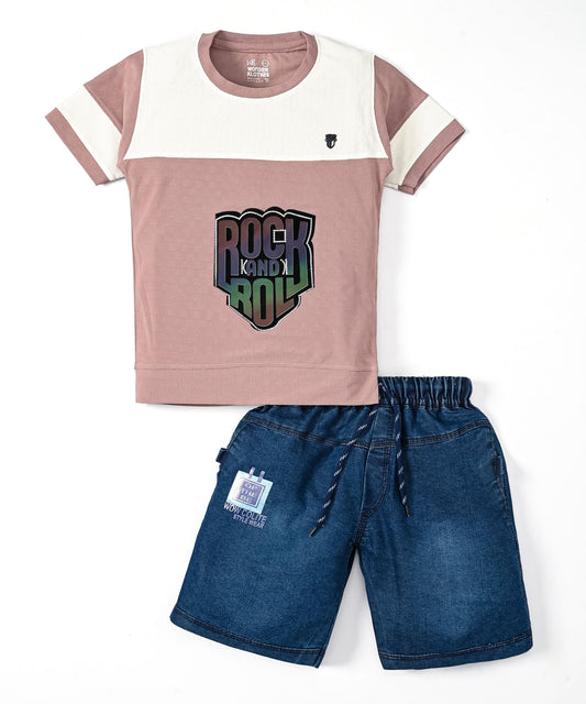 Rock and Roll Premium Half Sleeves T-Shirt & Denim Shorts Set | Violet