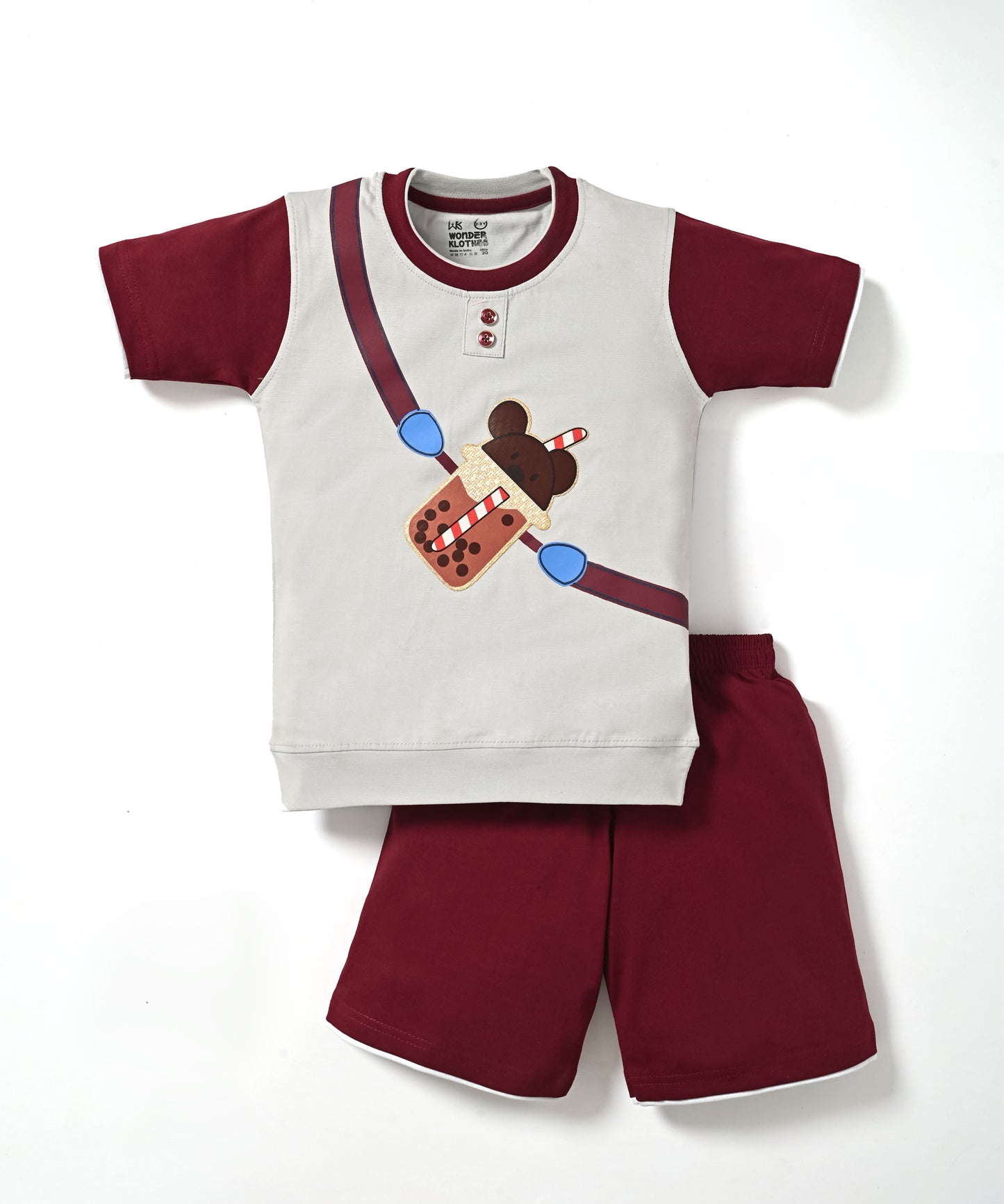 Boba Bear Half Sleeves T-Shirt & Shorts Set | Maroon