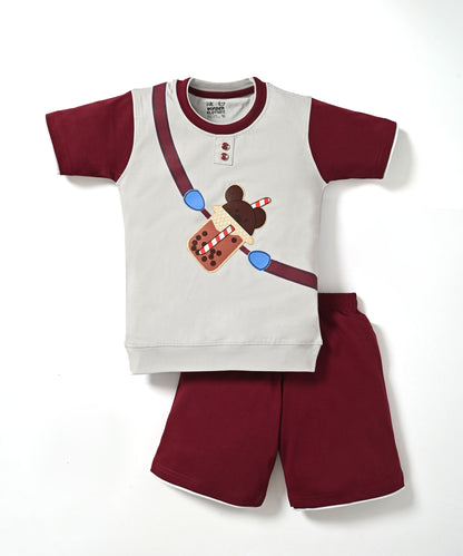 Boba Bear Half Sleeves T-Shirt & Shorts Set | Maroon