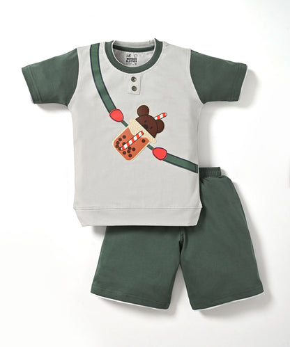 Boba Bear Half Sleeves T-Shirt & Shorts Set | Green