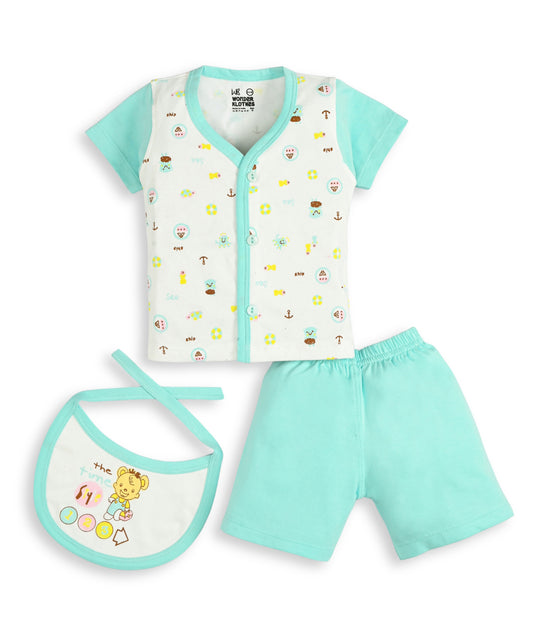 Sea Ship Half Sleeves Front Open T-Shirt & Half Pant Set with Bib | Blue