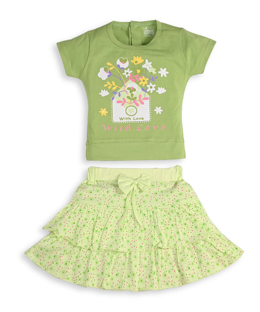 With Love Half Sleeves Top & Skirt Set | Green