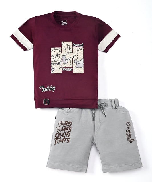 Happy Teddy Premium Half Sleeves T-Shirt & RFD Shorts Set | Burgundy