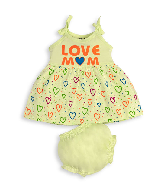Love Mom Bandhani Straps Frock & Bloomer Pant Set | Green & Pink | Pack of 2