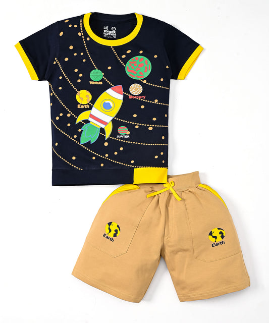 Space Explorer Half Sleeves T-Shirt & Shorts Set | Yellow