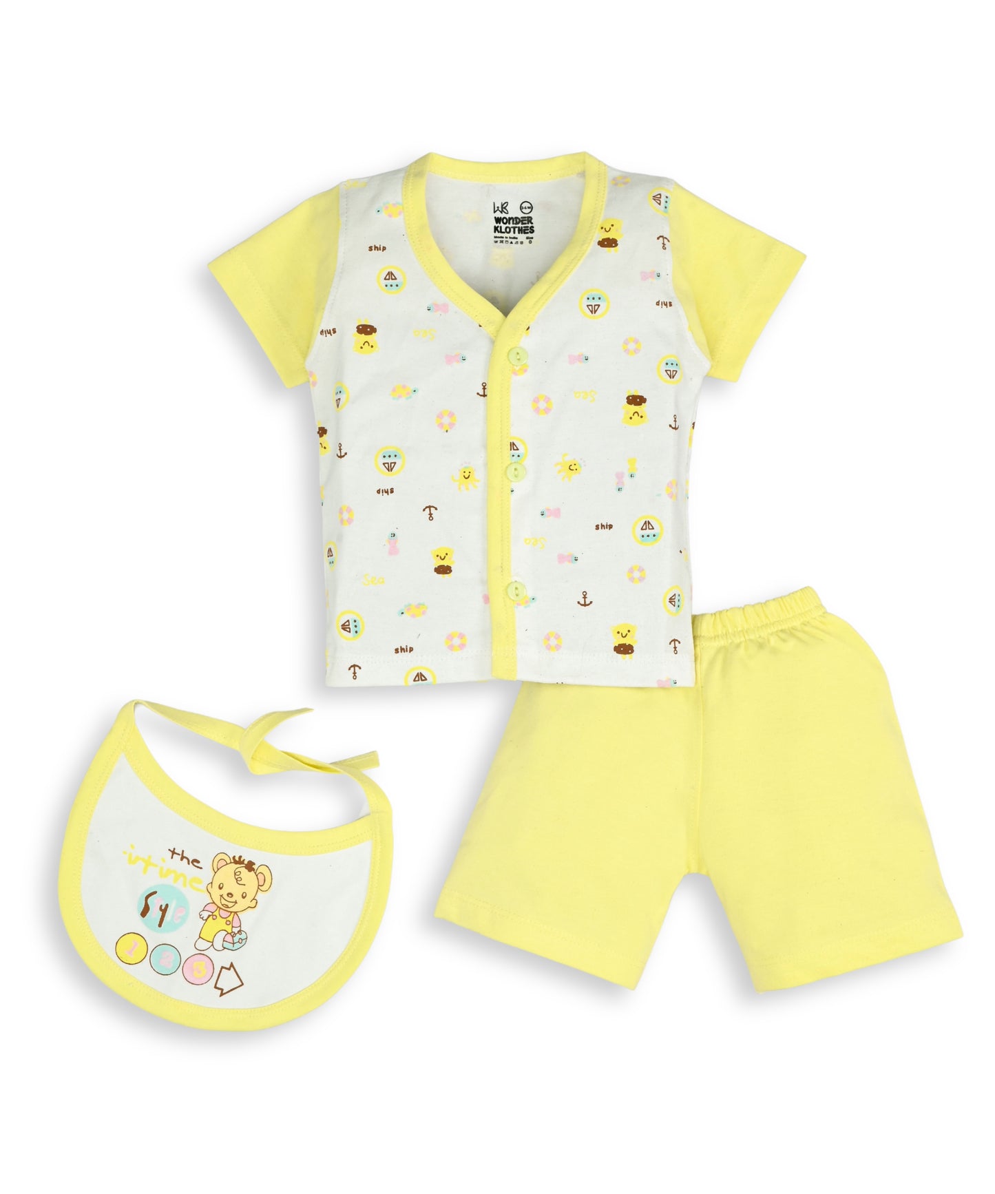Sea Ship Half Sleeves Front Open T-Shirt & Half Pant Set with Bib | Yellow