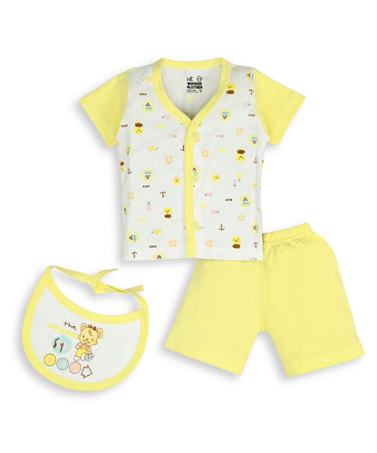 Sea Ship Half Sleeves Front Open T-Shirt & Half Pant Set with Bib | Yellow