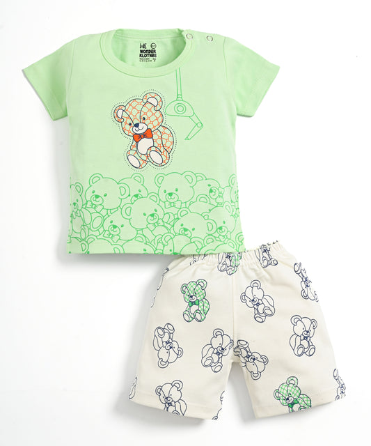 Teddy Bear Half Sleeves Shoulder Open T-Shirt & Half Pant Set | Green